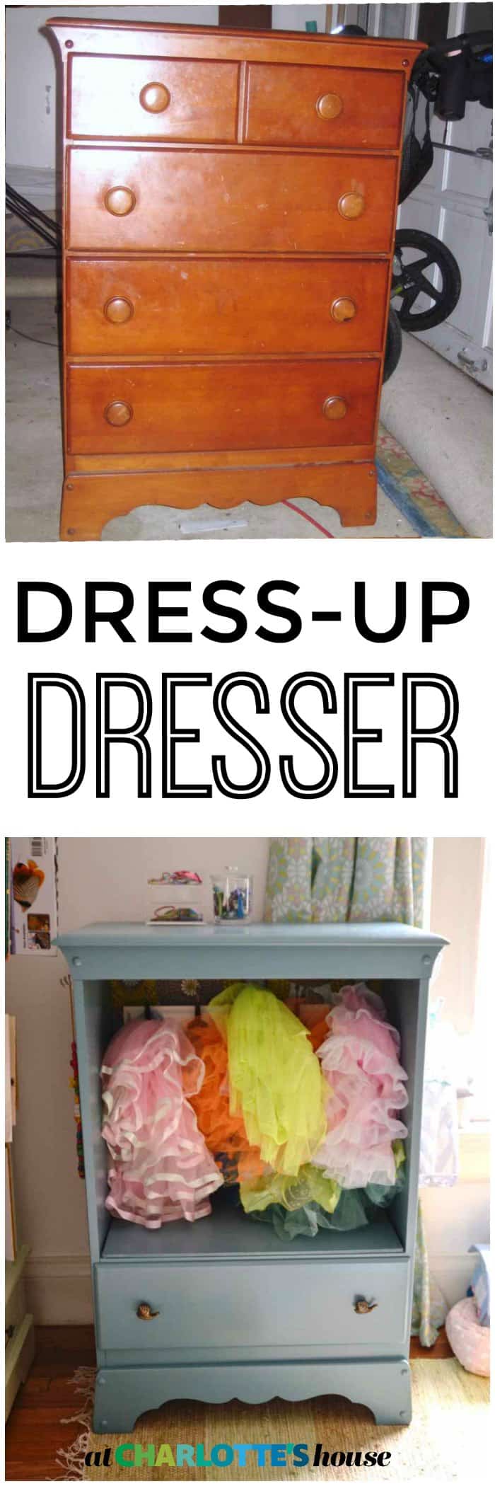 Turning a Craigslist dresser into kids dress-up storage.