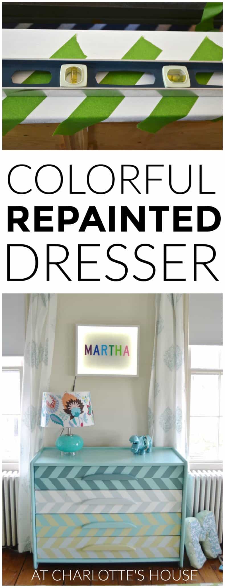 Colorful striped repainted Craigslist dresser
