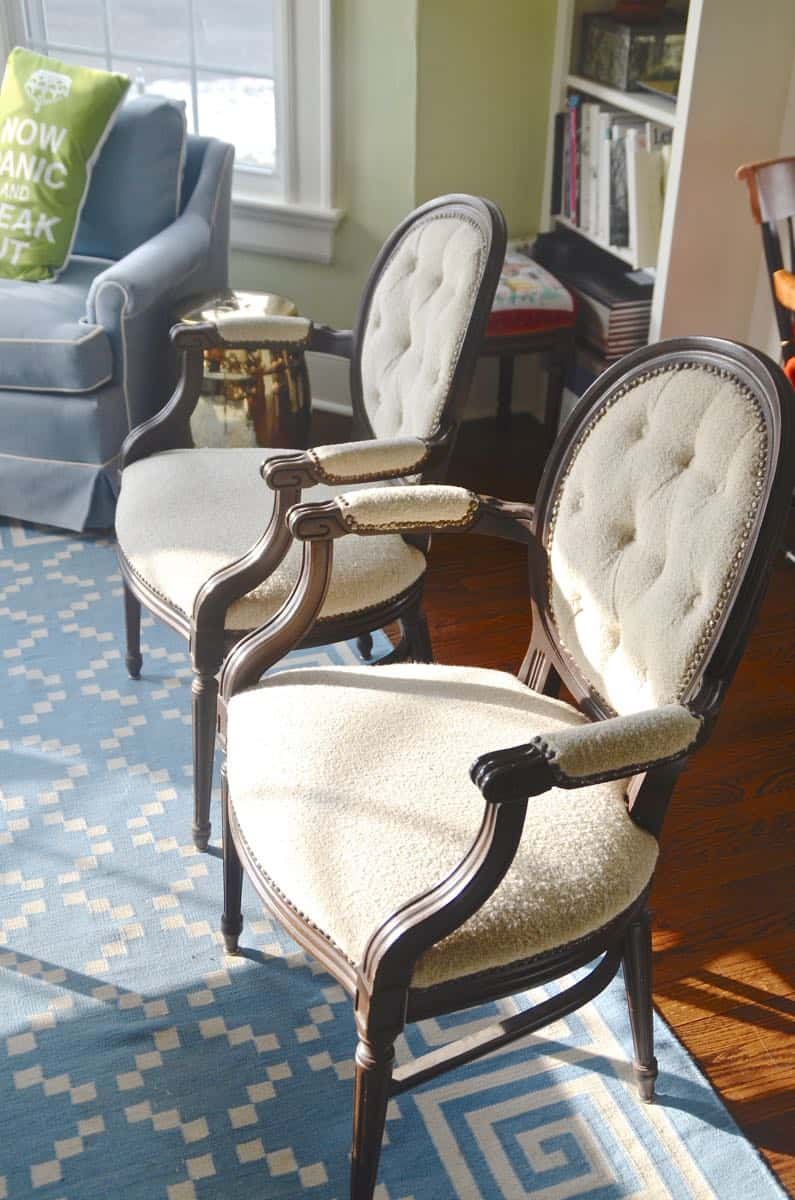 how to reupholster old armchairs with colorful new fabric.