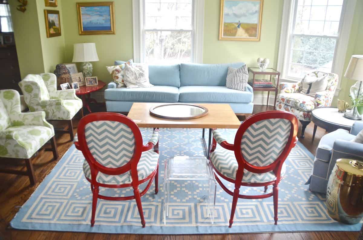 how to reupholster old armchairs with colorful new fabric.