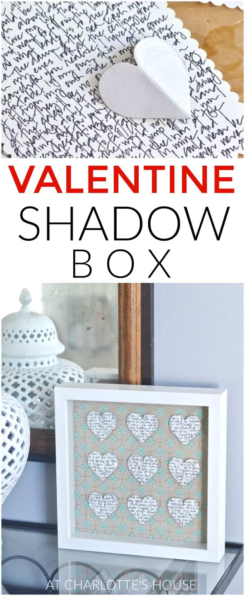 Valentine's Day Shadow box with floating quote hearts.