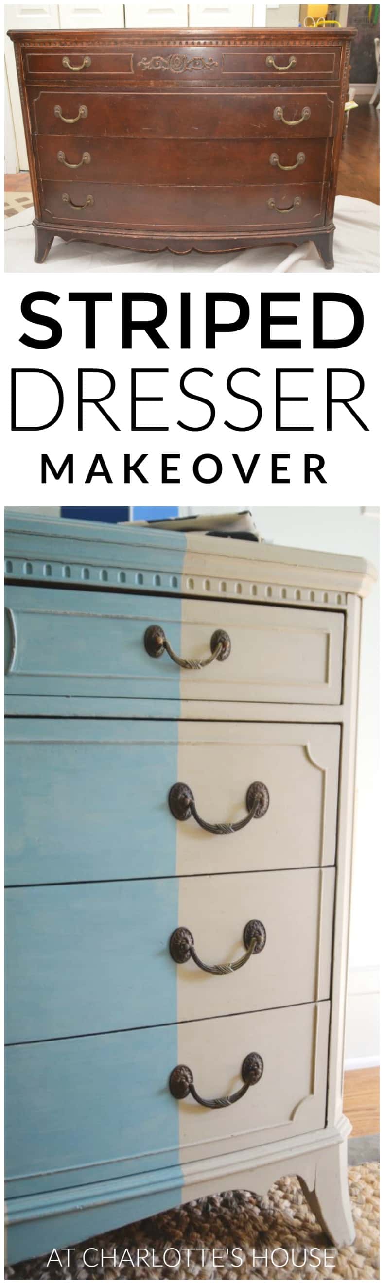 Old bureau gets a fresh look and is now a colorful striped dresser for the master bedroom. 