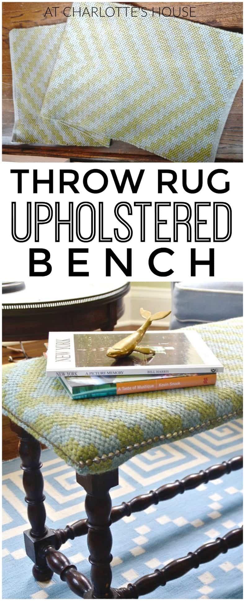 Use an old throw rug to turn a basic bench into an upholstered beauty.