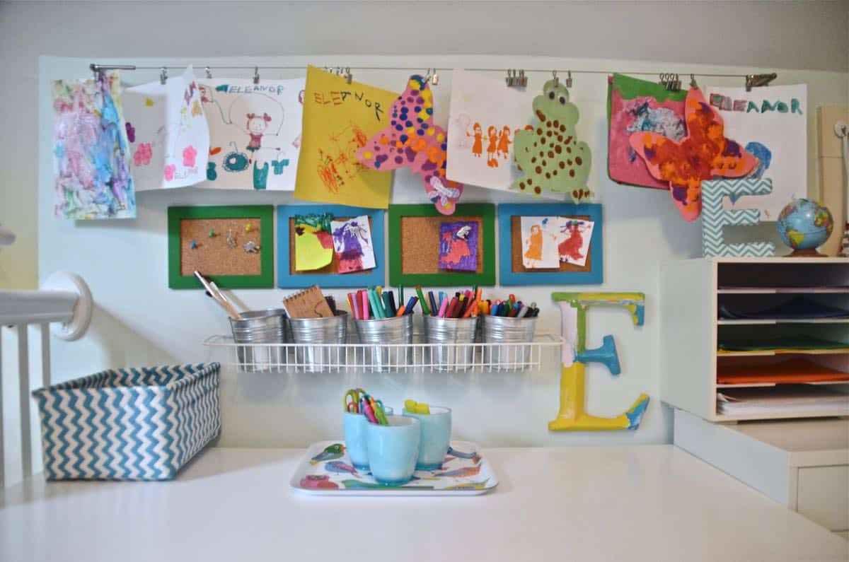 Budget kids art center against a small wall in our playroom.