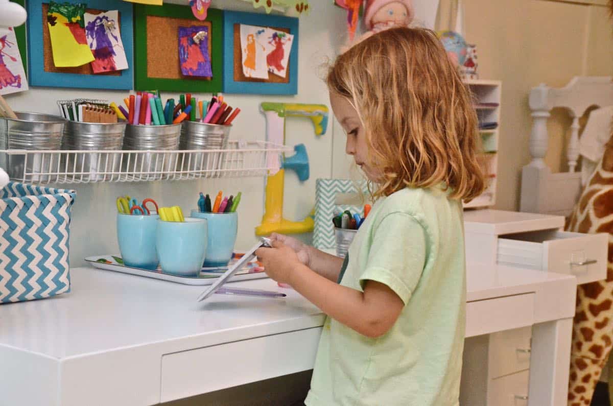 Budget kids art center against a small wall in our playroom.