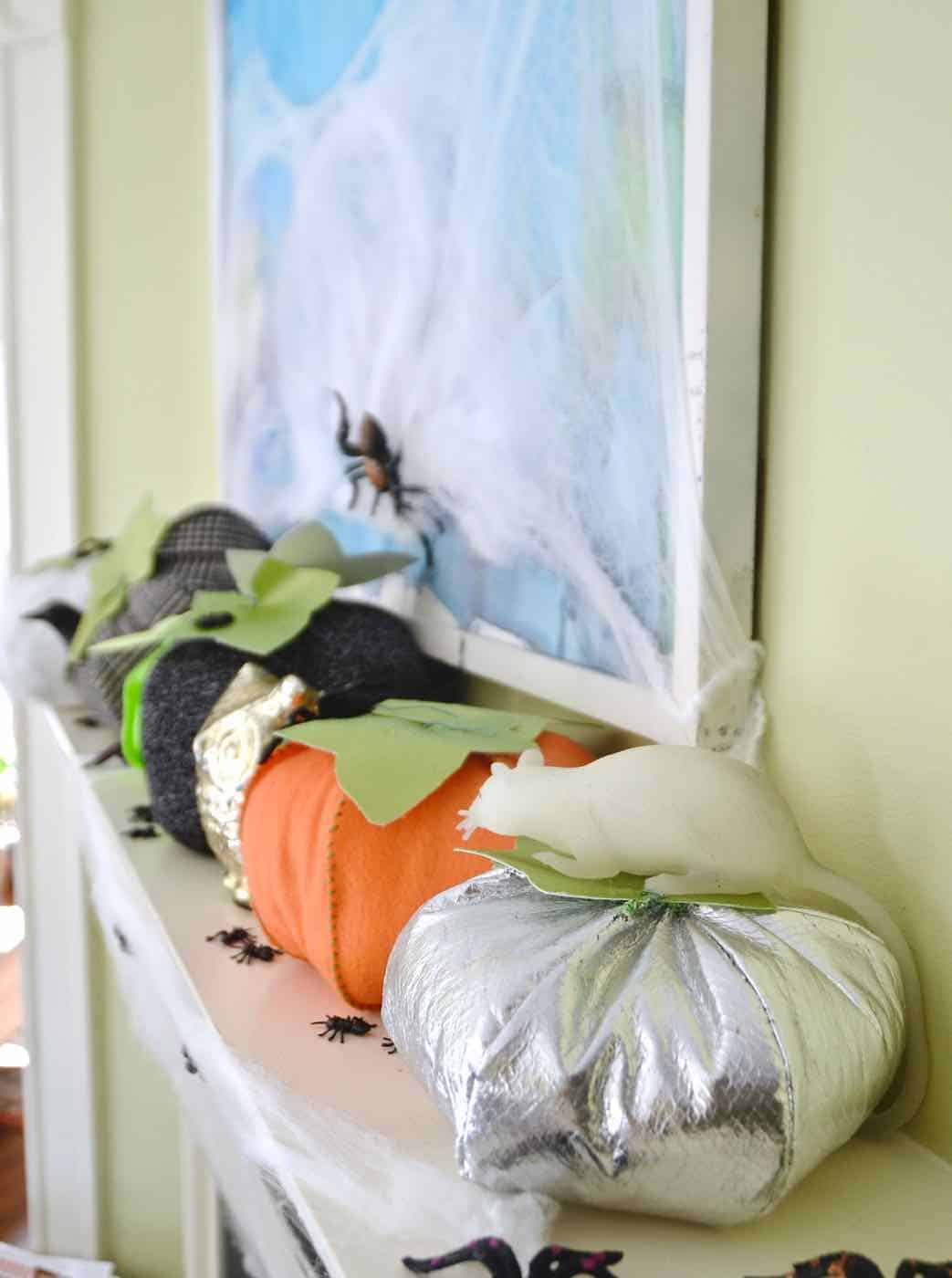 Stuffed pumpkins made from scrap fabric all ready for Halloween decor.