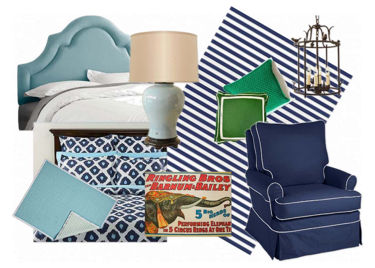 Mixing pattern and flea market treasures in our navy blue guest room.