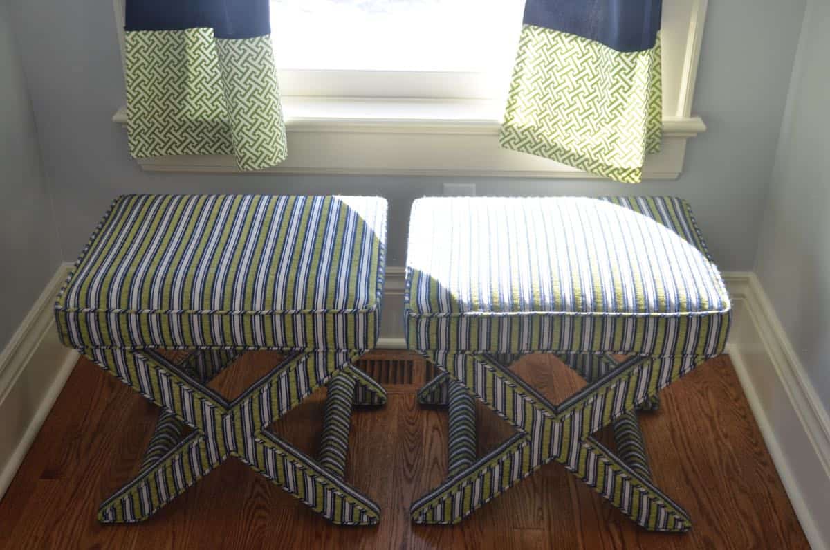 Mixing pattern and flea market treasures in our navy blue guest room.