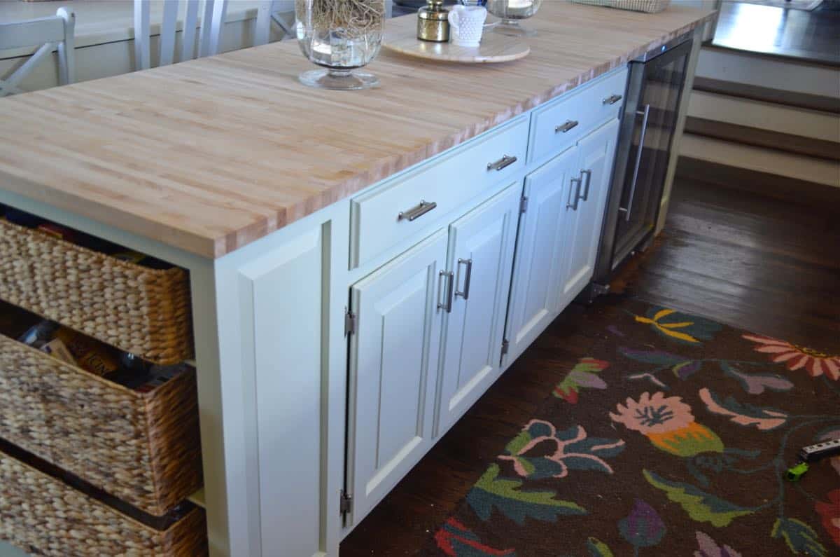 Thrifted kitchen cabinet is put to use as a functional new kitchen island.