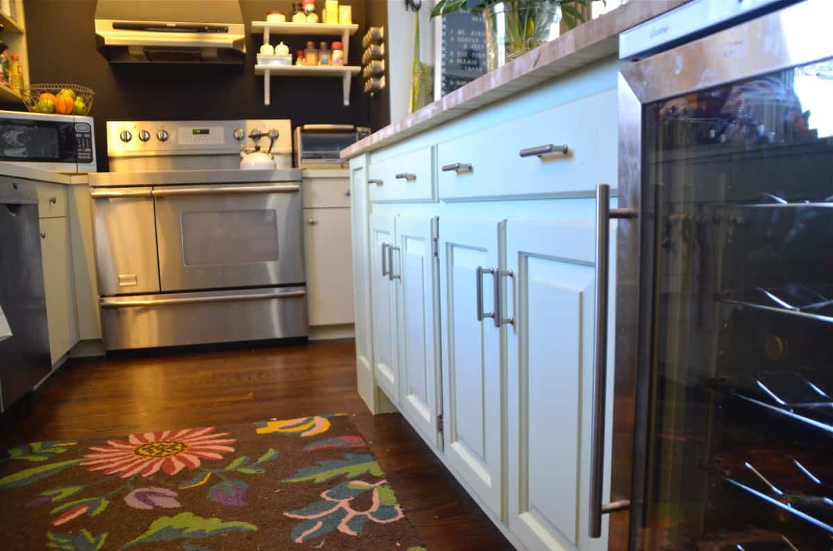 Thrifted kitchen cabinet is put to use as a functional new kitchen island.