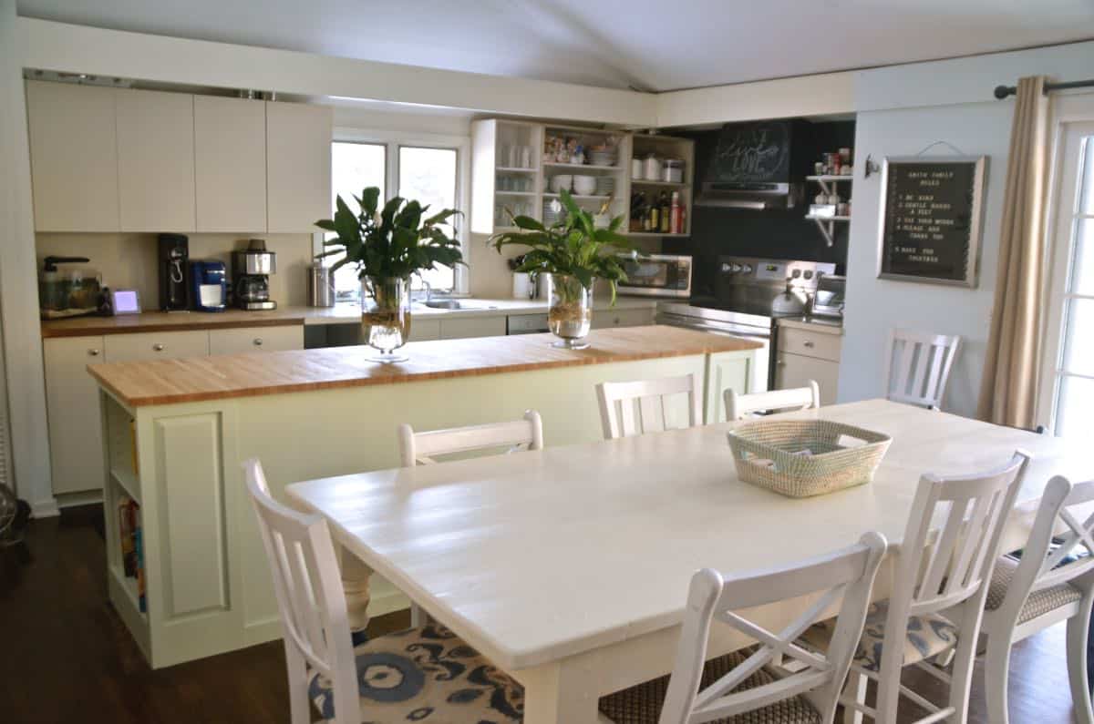 Thrifted kitchen cabinet is put to use as a functional new kitchen island.