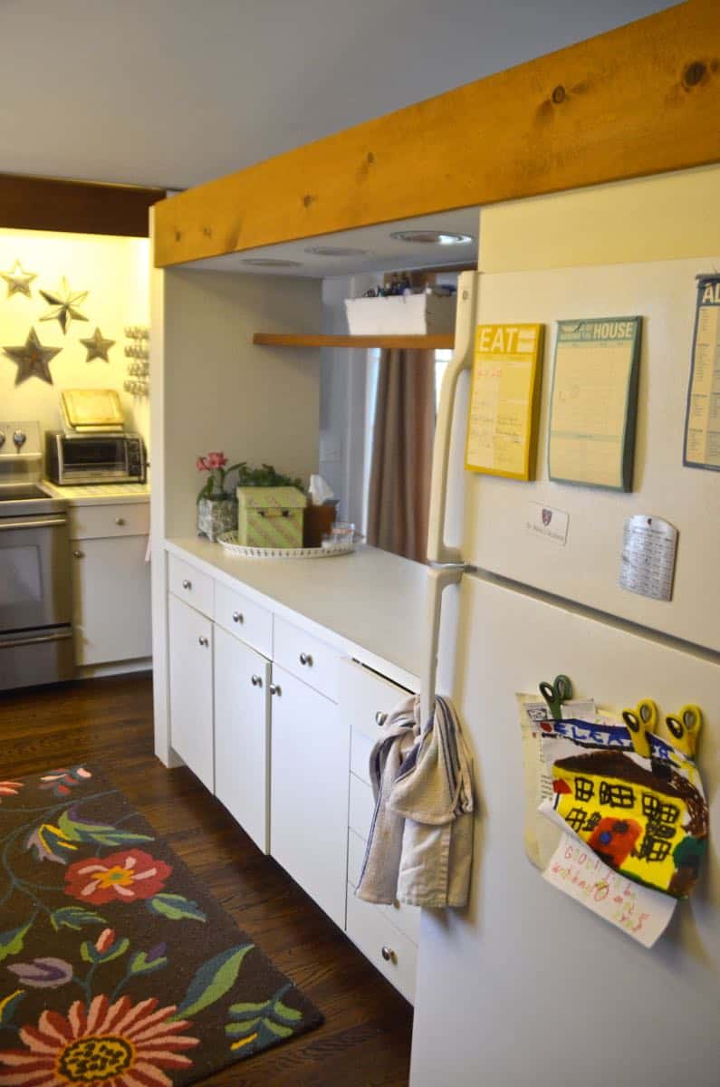 Thrifted kitchen cabinet is put to use as a functional new kitchen island.