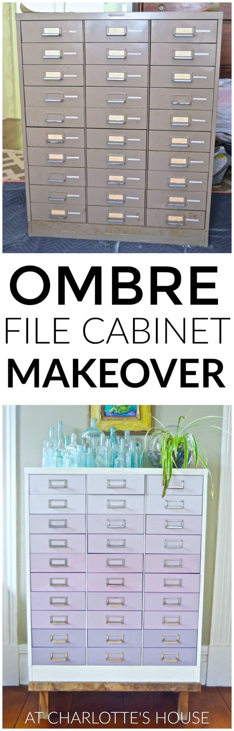 A plain industrial file cabinet is transformed thanks to an ombre paint treatment and a new DIY base.