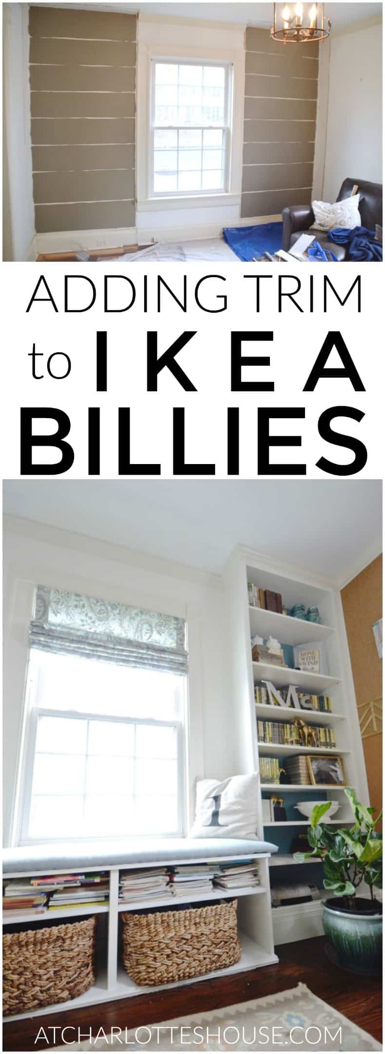 Transforming Ikea billy bookshelves into upscale looking built in shelving.