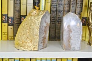Comparing gold leaf versus rub 'n buff to make these agate bookends shiny and gold.