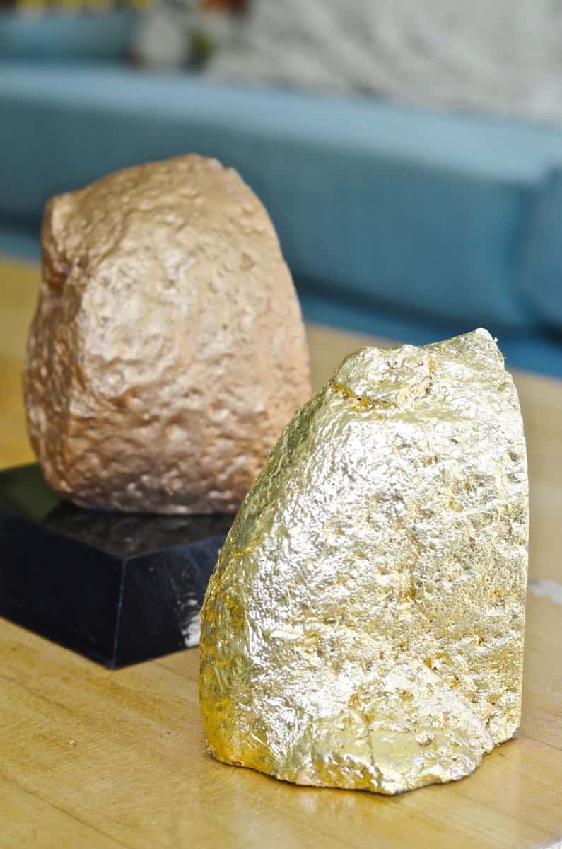 compared gold leaf versus rub 'n buff to make these agate bookends shiny and gold.