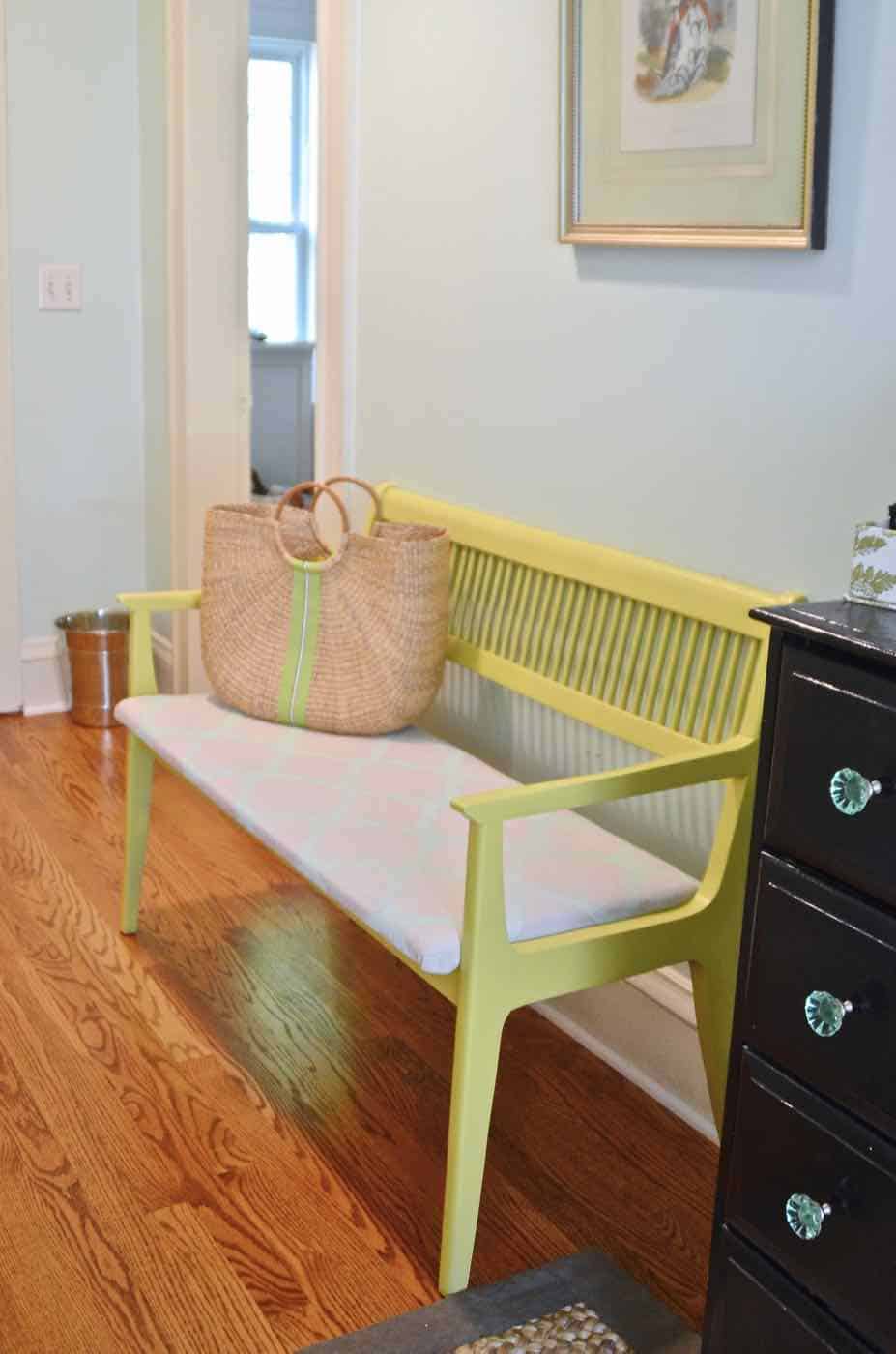 Turn a wooden bench into an upholstered loveseat.