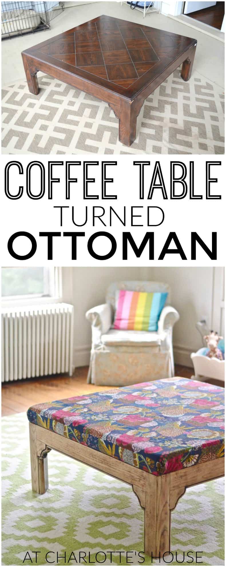 Turn a basic coffee table into an upholstered ottoman.