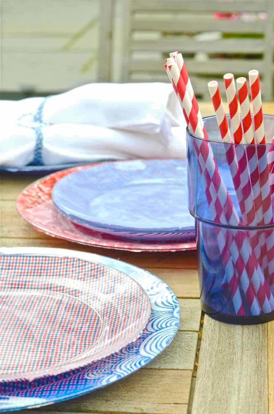 4th of July patriotic red blue and white plates.