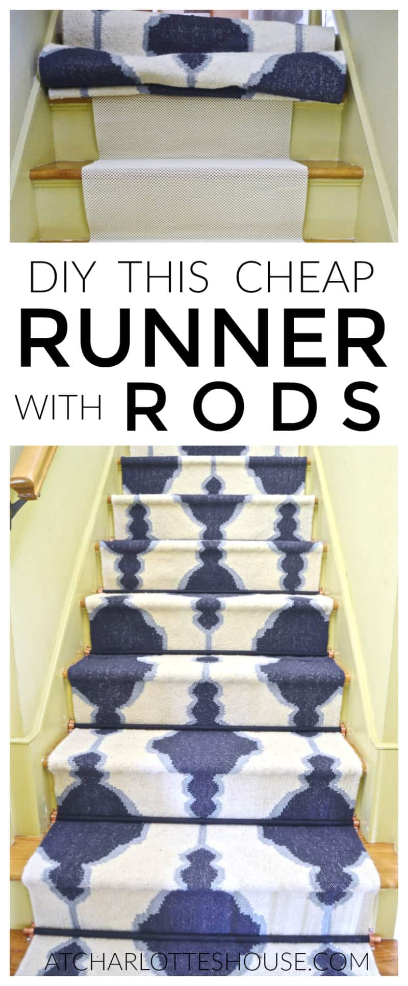 Super inexpensive and easy way to add a staircase runner WITH stair rods... under $20 if you can believe it!