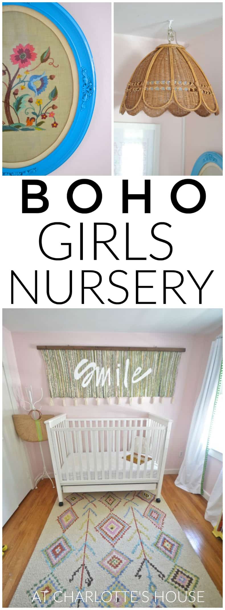 Boho bright and cheerful nursery with thrift market and boho details.