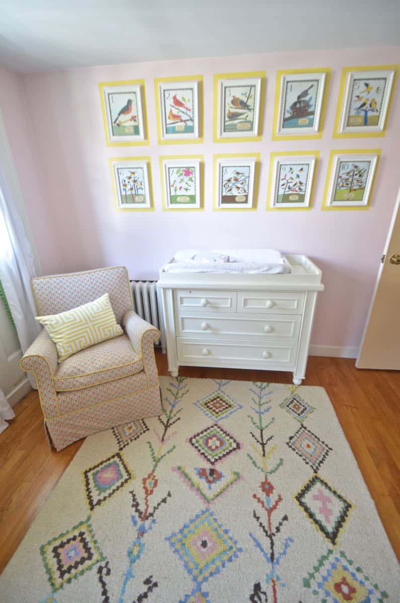 Boho bright and cheerful nursery with thrift market and boho details.