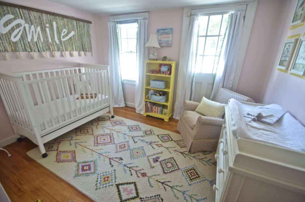 Boho bright and cheerful nursery with thrift market and boho details.