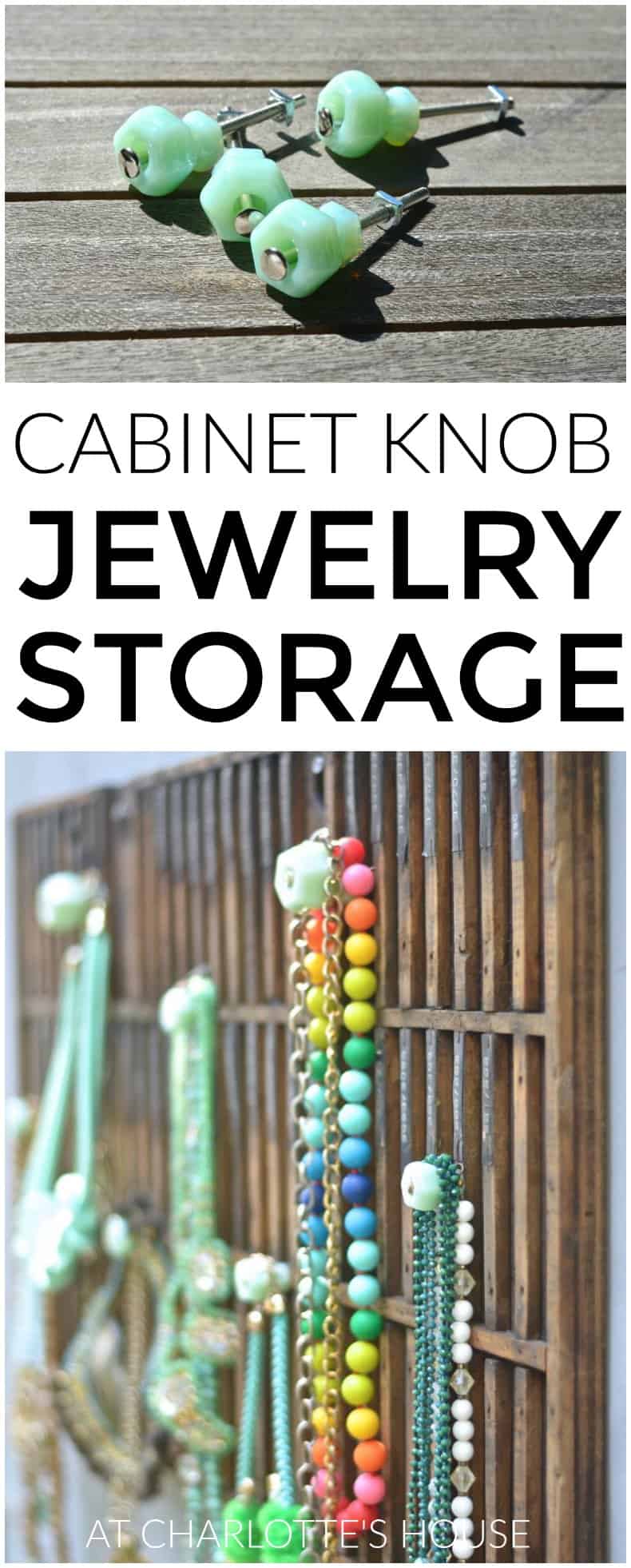 Decorative knobs turned into simple and chic jewelry storage.