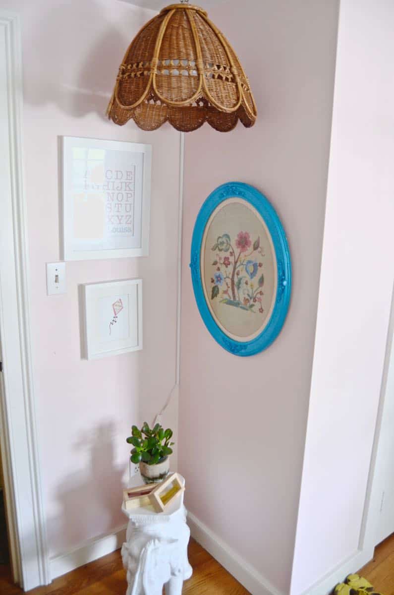 Boho bright and cheerful nursery with thrift market and boho details.