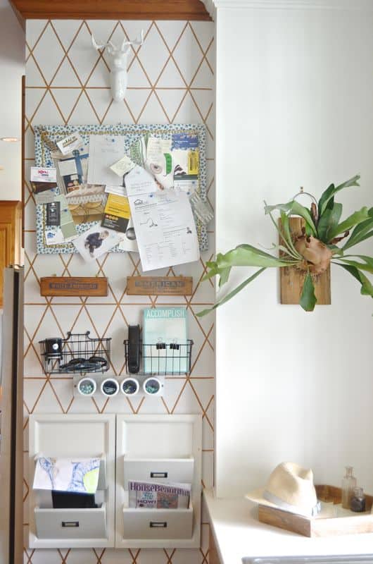 Organize your family with this creative use of one small kitchen wall.