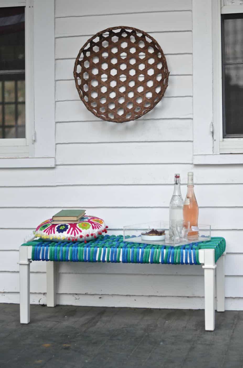 Coffee table turned woven nylon bench.