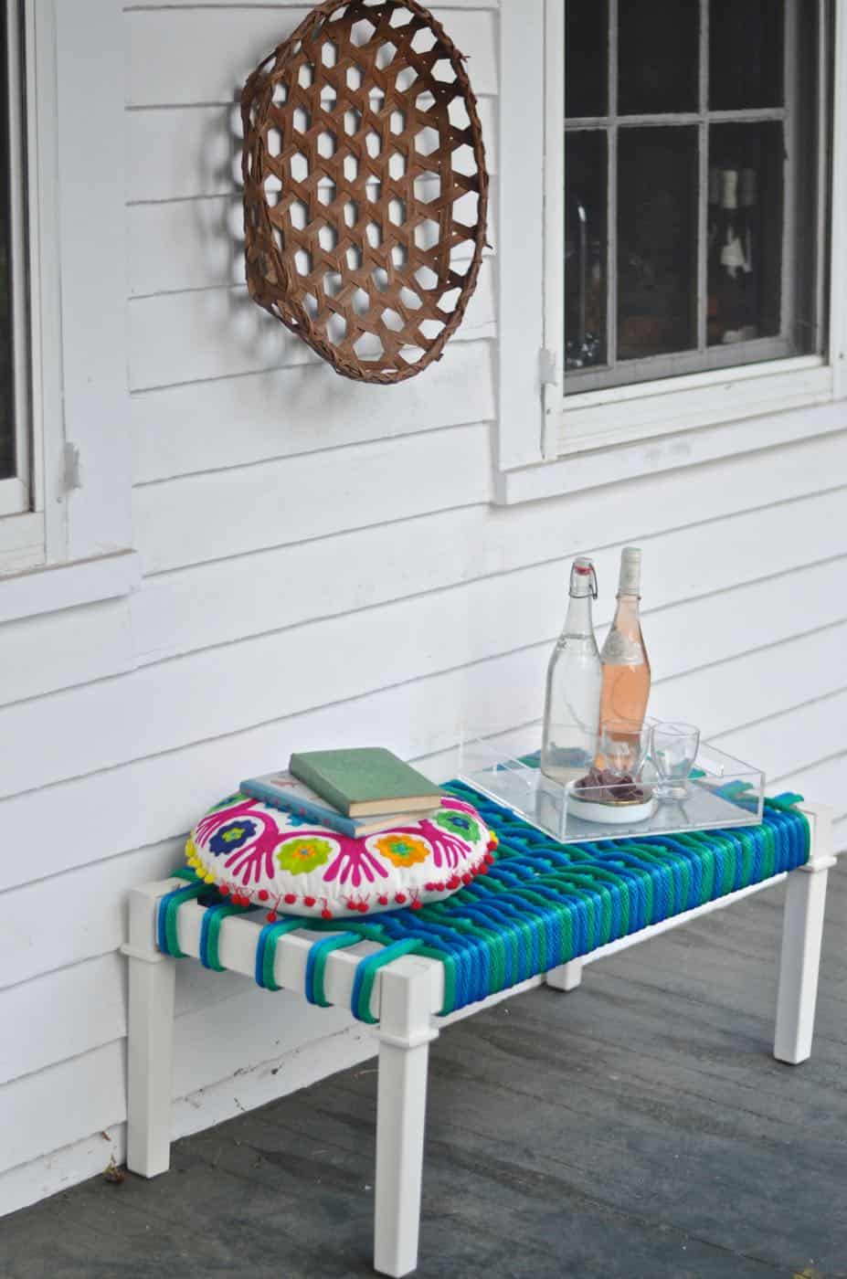 Coffee table turned woven nylon bench.