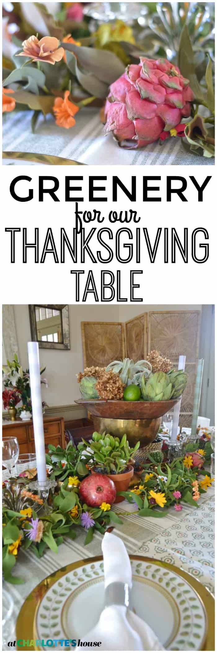 Thanksgiving tablescape with lush greenery and vegetables.