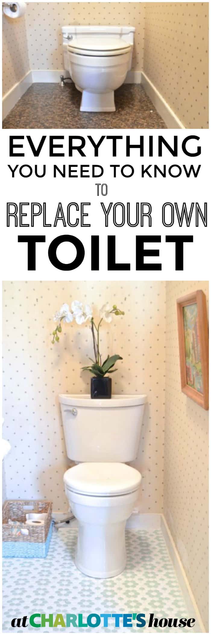 All the steps you need to know to replace your own toilet... with video! Save money AND get a prettier bathroom!