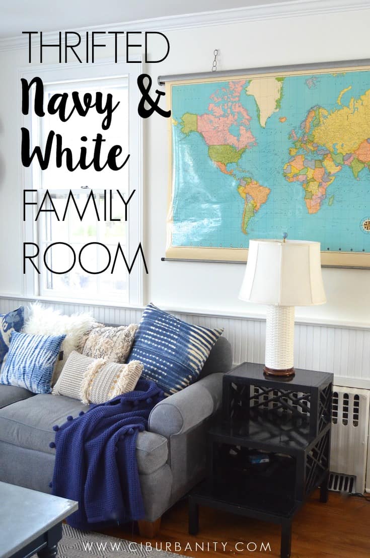 Thrifted Navy and White family room