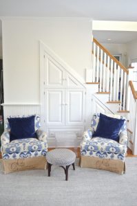 ikat chairs against stairs