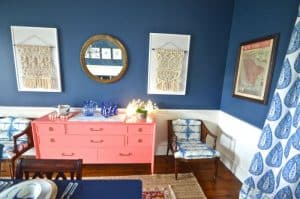 Coral sideboard with tie dye chairs