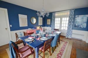 blue and white eclectic dining room