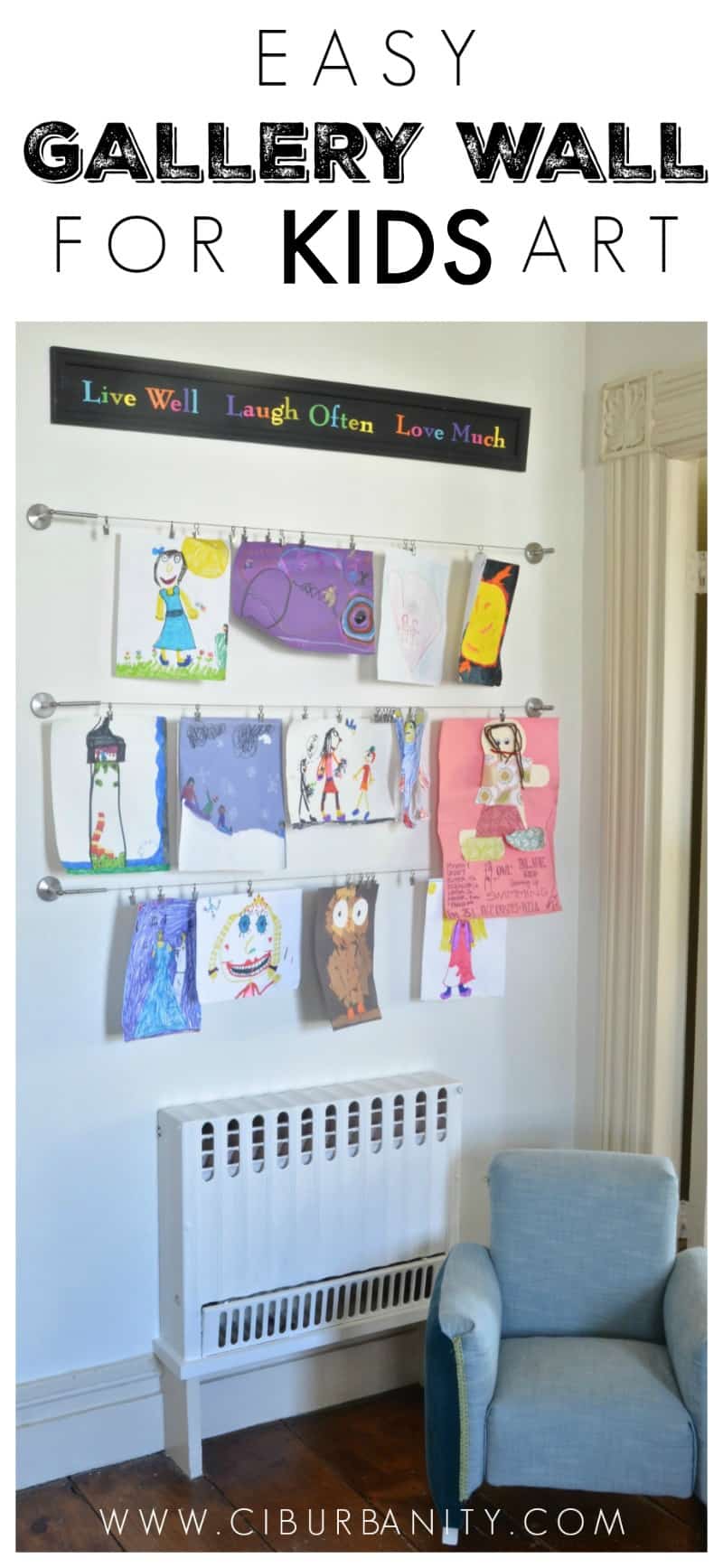 Easy way to display kids artwork on a gallery wall.