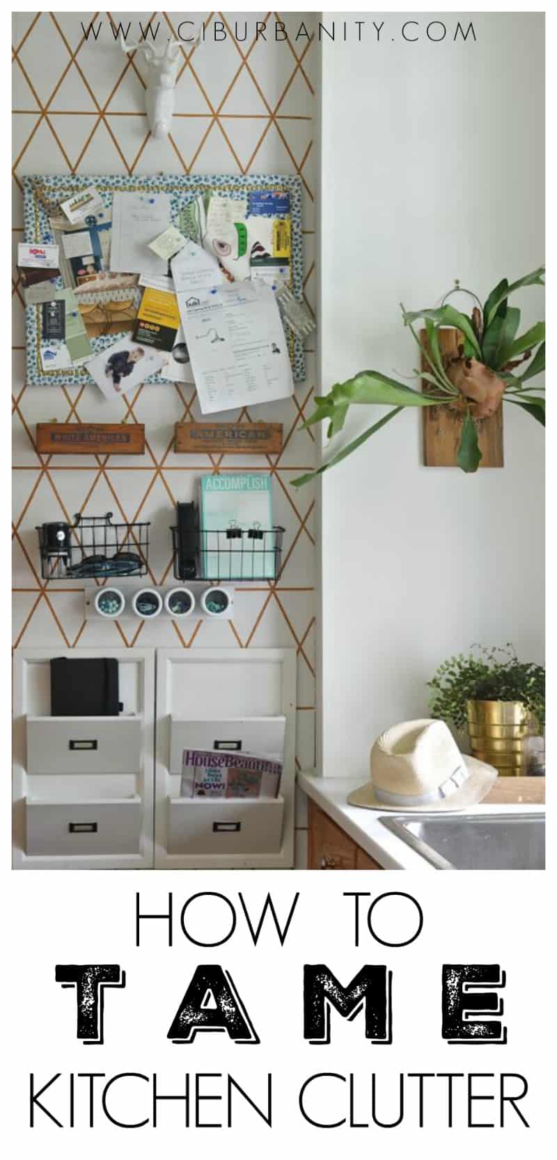 Fun kitchen command center with repurposed storage and graphic paint detail.