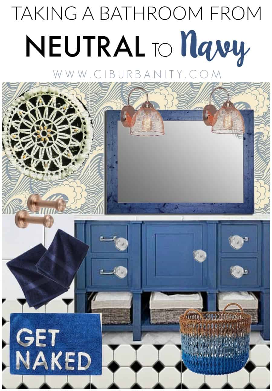 design board for taking a neutral bathroom to navy.