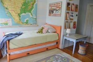 Little boys room with DIY trundle bed and flea market scores