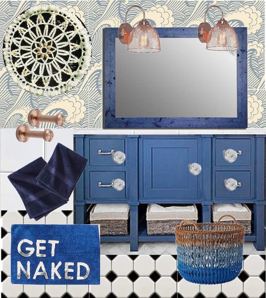 design board for taking a neutral bathroom to navy