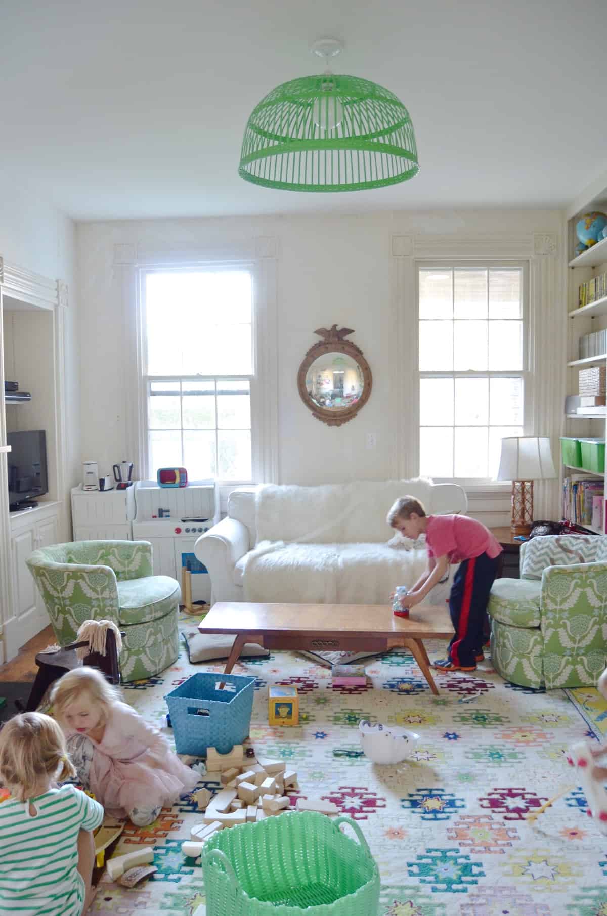 Colorful playroom with thrifted and repurposed decor.