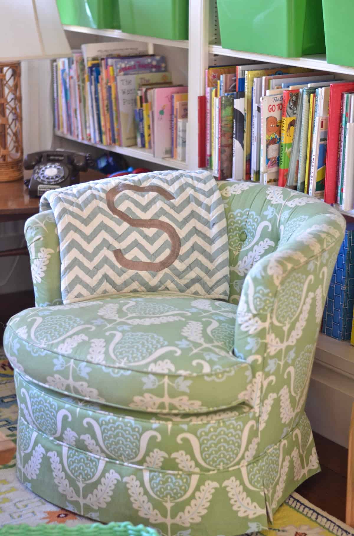 Colorful playroom with thrifted and repurposed decor.