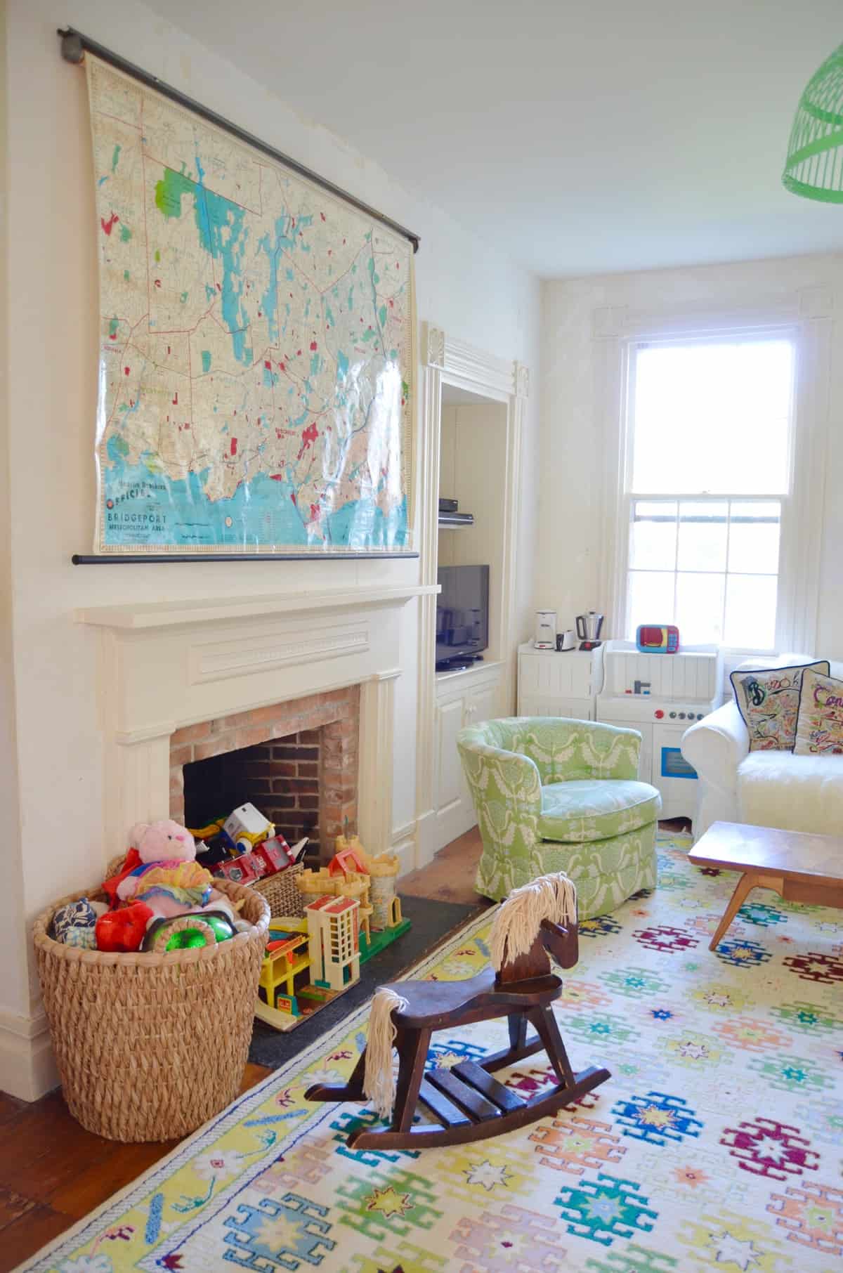Colorful playroom with thrifted and repurposed decor.