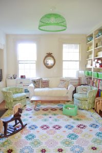 Colorful playroom with thrifted and repurposed decor.