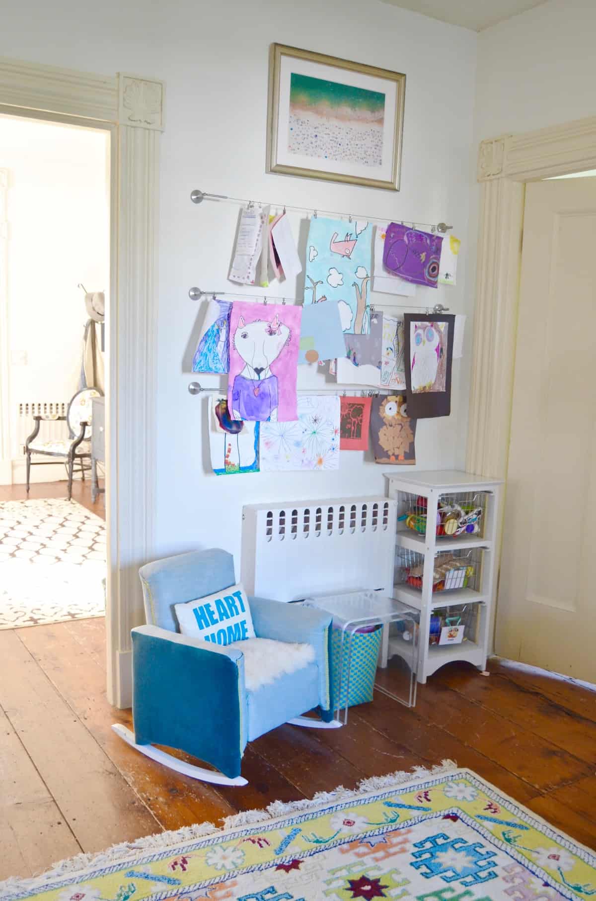 Colorful playroom with thrifted and repurposed decor.