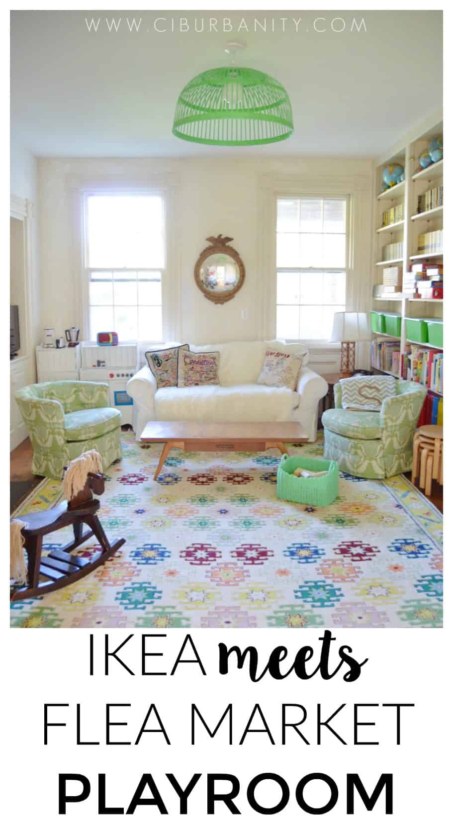 Colorful playroom with thrifted and repurposed decor.