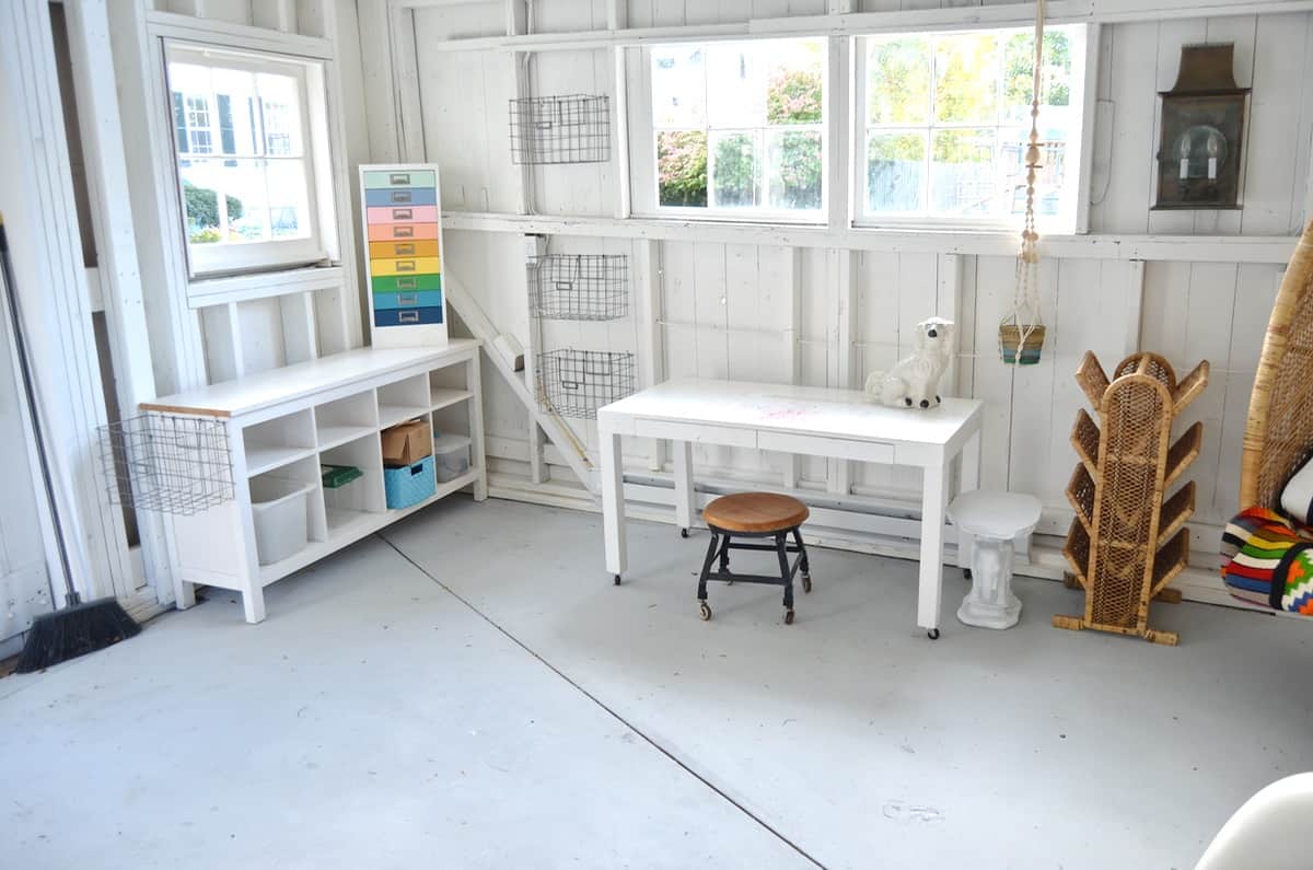 One room challenge shed makeover- painted floors!